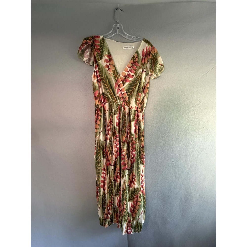 COOLPLES Dress Womens M Green Tropical Floral V Neck Pleated Midi Flutter Sleeve
